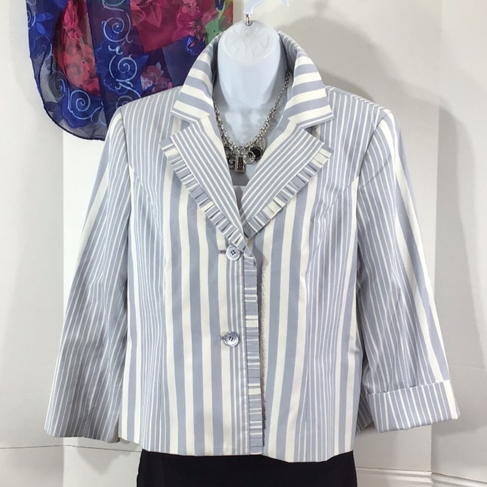 Doncaster blue gray stripe ruffle blazer 14